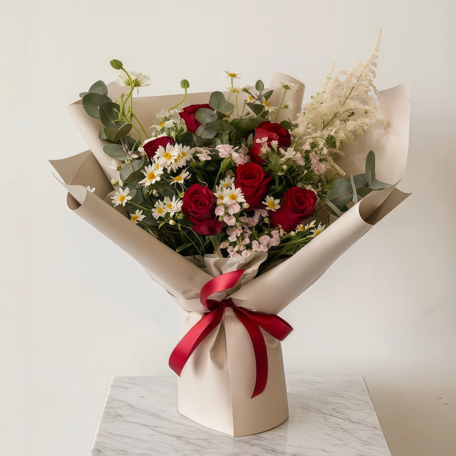 Red roses, white daisies and astilbe; white wrapping paper red ribb Red roses, white daisies and astilbe; white wrapping paper red ribb