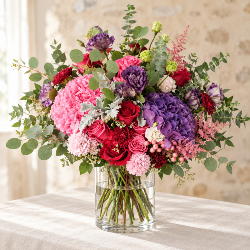 Majestic Hydrangeas (Next Day only) in a cylindrical glass vase, Grand size