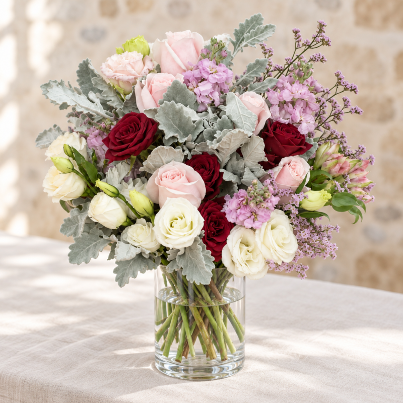 Sweet Pink with red roses - Antares in a cylindrical glass vase, Classic size