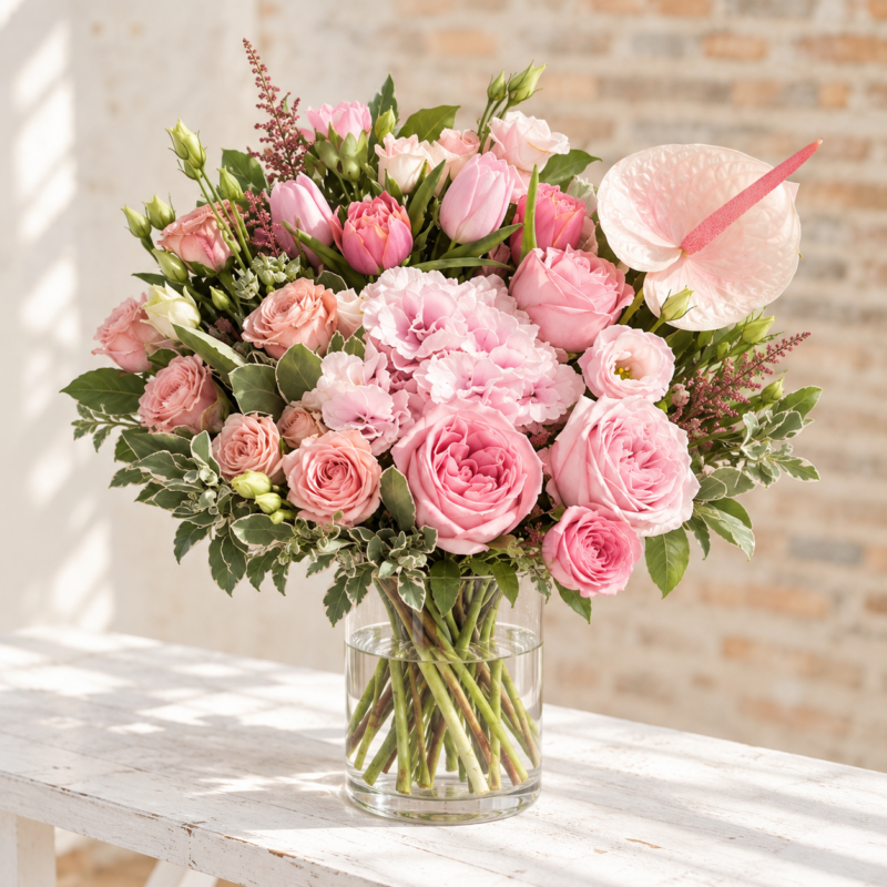 Pink Parade: Hydrangea, Tulips, Anthurium in a cylindrical glass vase, Deluxe size