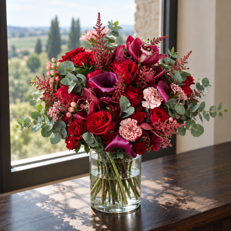 Grandeur (next-day only) in a cylindrical glass vase, Deluxe size
