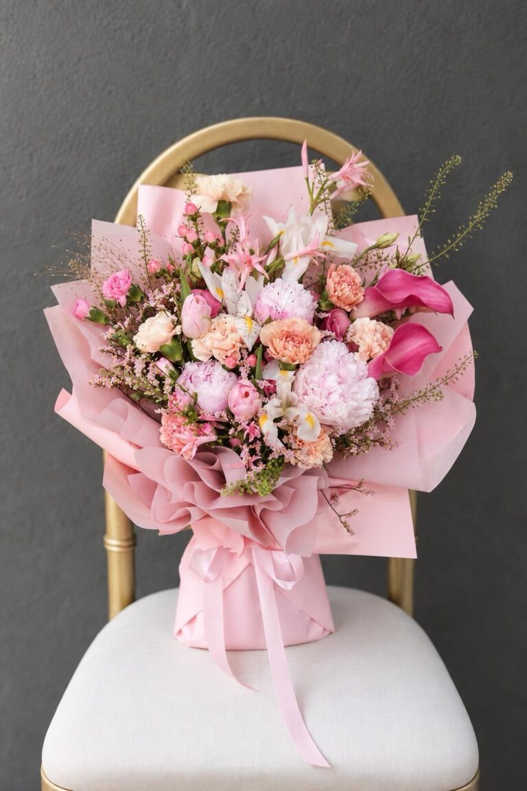 A full pink Omakase bouquet with peonies, calla lilies and soft pink wrapping.
