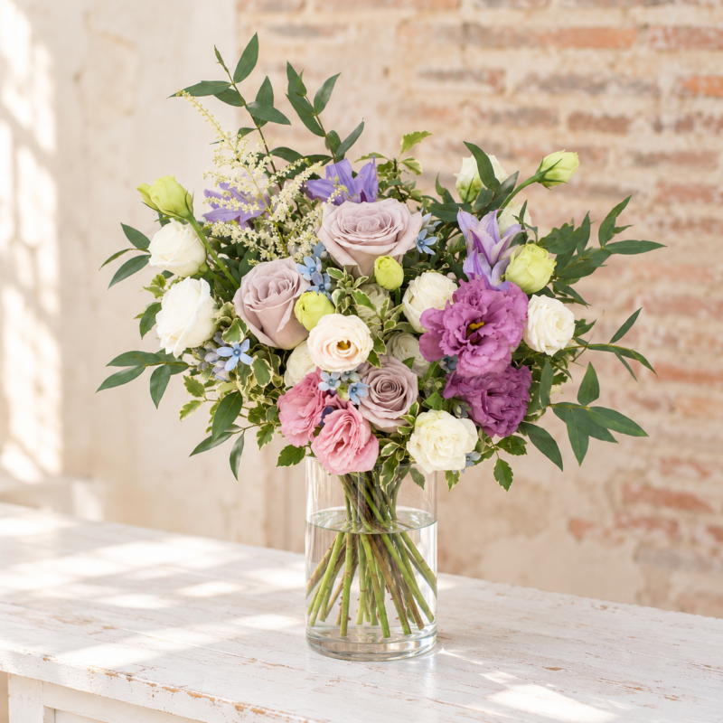 Sono Classic flowers arranged in a cylindrical glass vase
