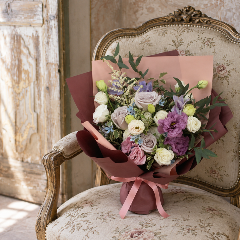 Sono wrapped bouquet with ivory, mauve and purple flowers