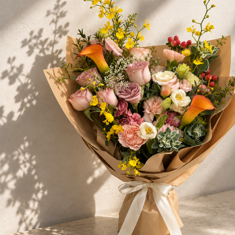Lyra wrapped bouquet with orange calla lilies, pastel flowers and yellow orchids