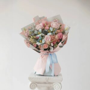 Blue Tulips and pink roses - Serenity Blooms