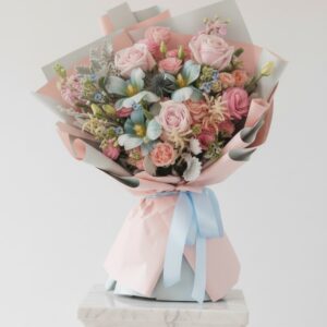 Blue Tulips and pink roses - Serenity Blooms