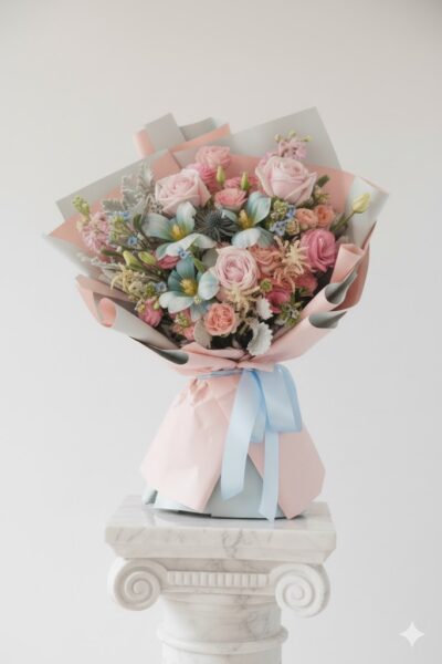Blue Tulips and pink roses - Serenity Blooms