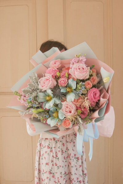 Blue Tulips and pink roses - Serenity Blooms