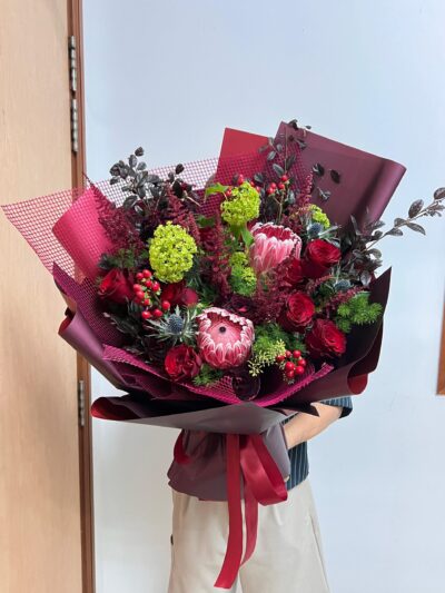 Protea and red roses - The Scarlet Empress