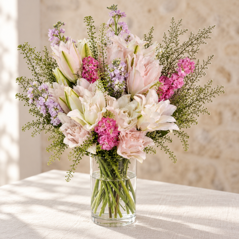 Lavender Blush (Double Petal Pink Lilies) in a cylindrical glass vase, Standard size