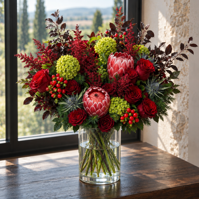 Protea and red roses - The Scarlet Empress (Next-day delivery) in a cylindrical glass vase, Grand size