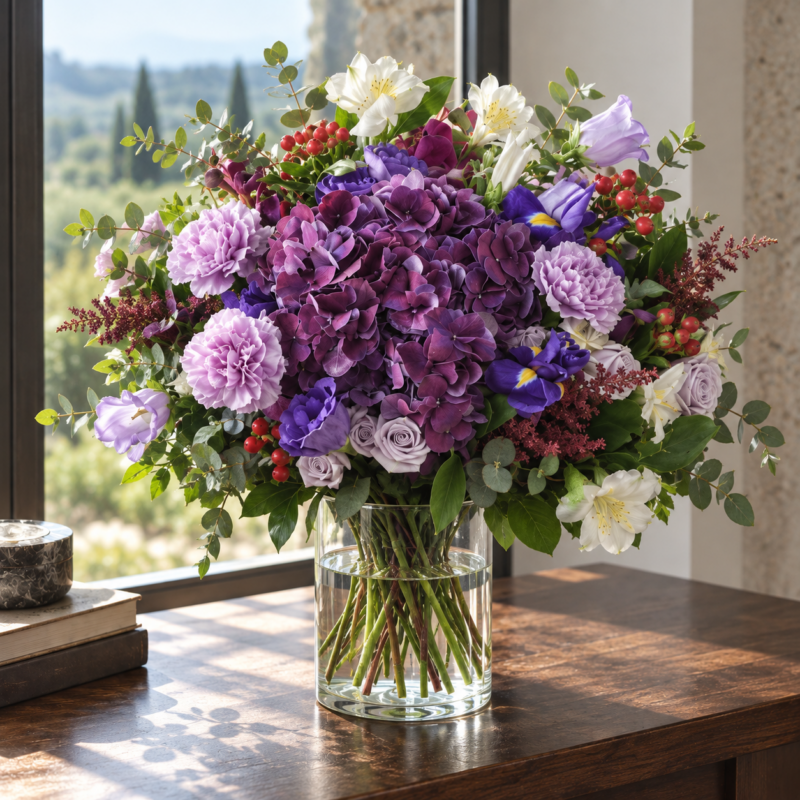 Lavender Posy: Holland Lilac Carnations & Hydrangea (next-day delivery) in a cylindrical glass vase, Grand size