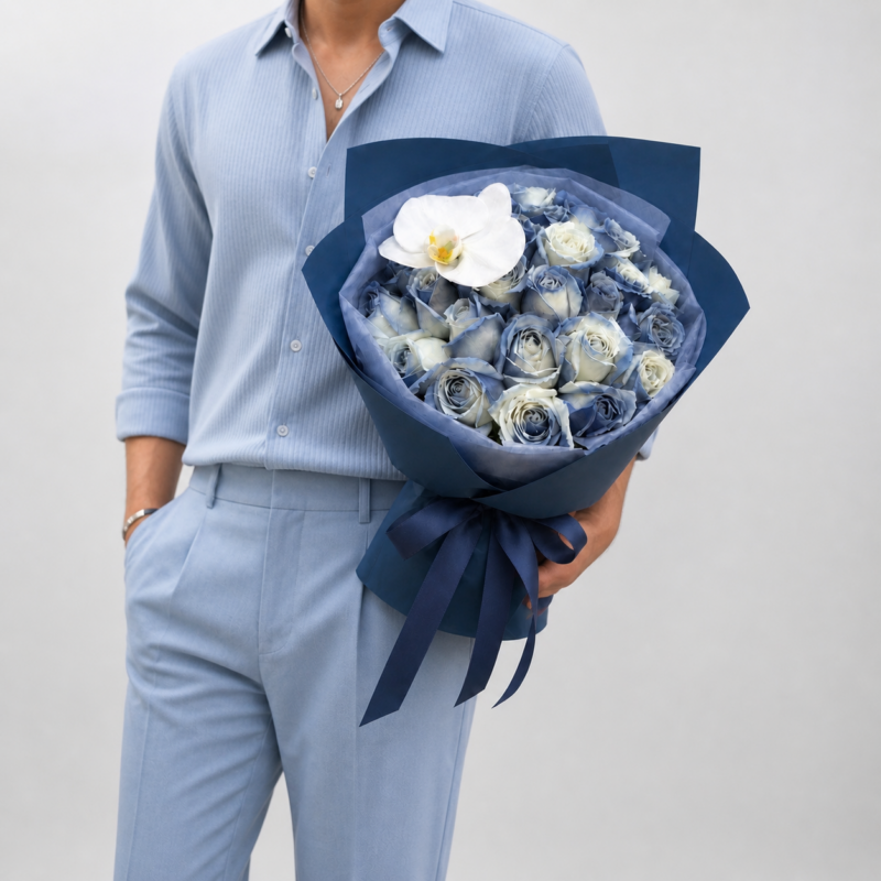 Artisan 24 Malta Blue Rose Bouquet With White Orchid, Circular Wrapping