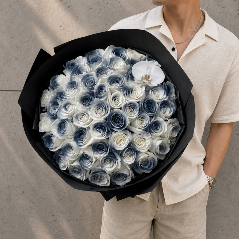 Artisan 48 Malta Blue Rose Bouquet With White Orchid, Circular Wrapping
