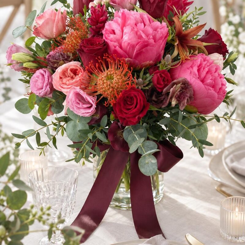 Pink Peony & Burgundy Tropical Bridal Bouquet