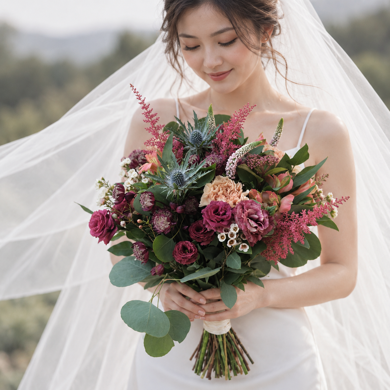 Burgundy Eustoma & Blush Astilbe Bridal Bouquet