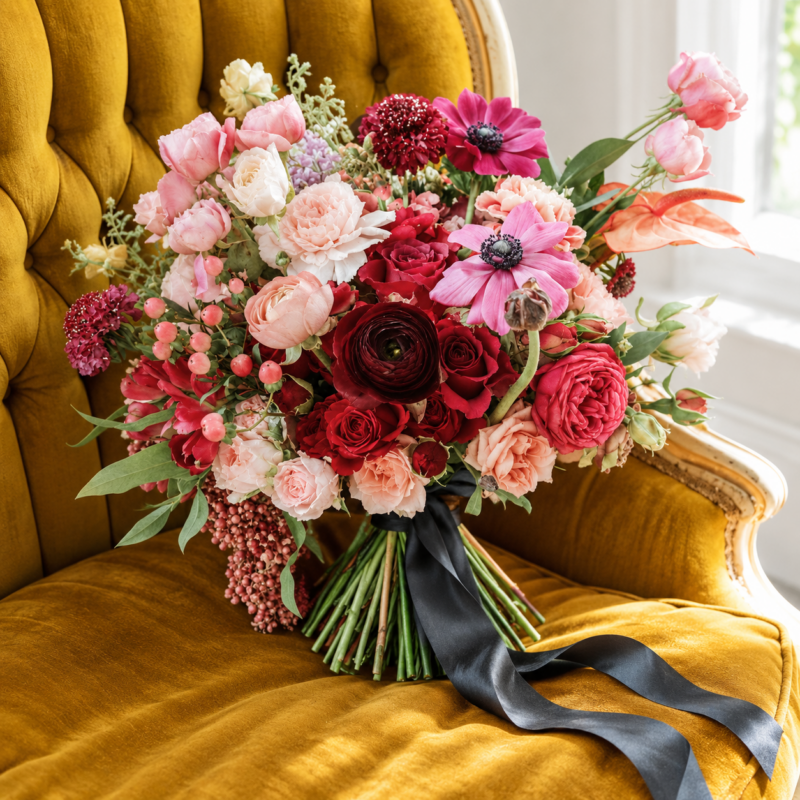 Pink Anemone & Burgundy Ranunculus Bridal Bouquet