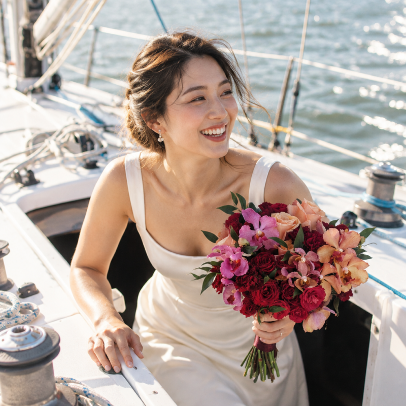 Burgundy Rose & Sunset Orchid Bridal Bouquet