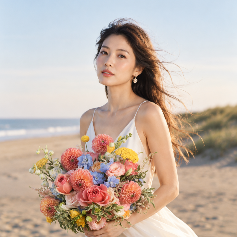 Coral Dahlia & Blue Delphinium Bridal Bouquet