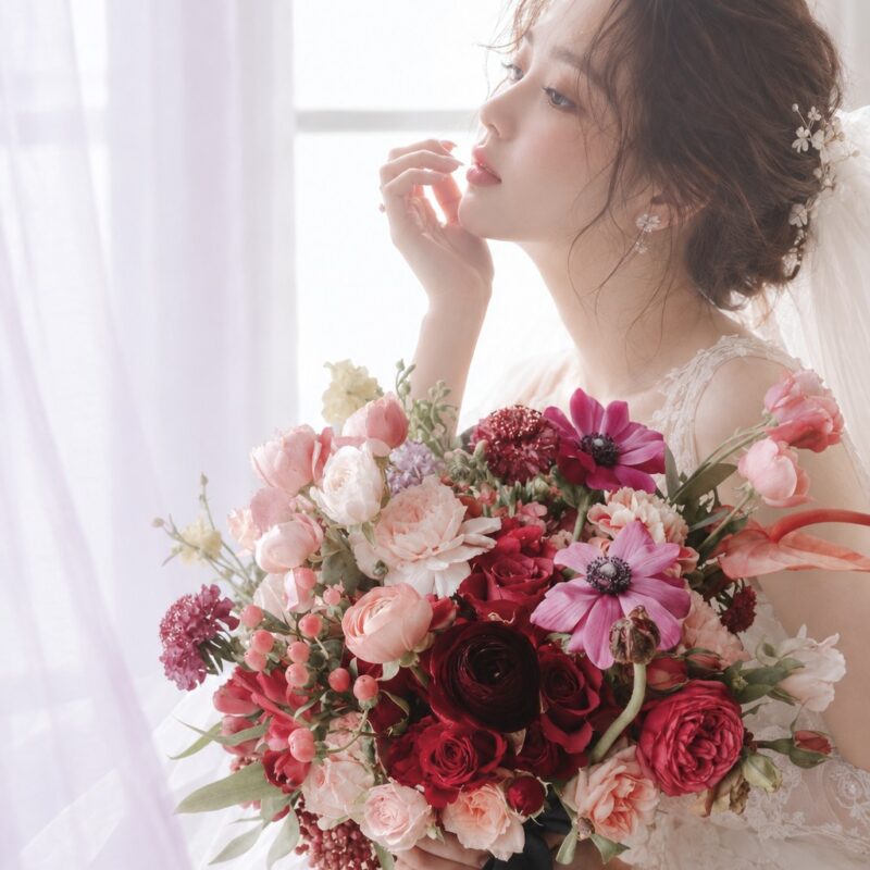 Pink Anemone & Burgundy Ranunculus Bridal Bouquet