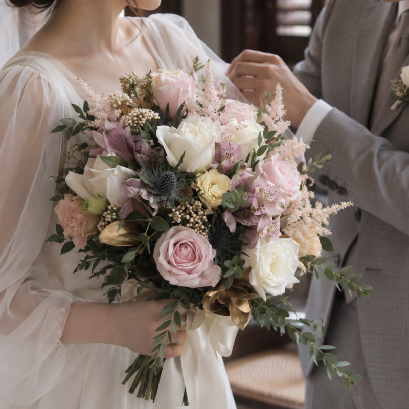 Blush Rose & Blue Thistle Bridal Bouquet