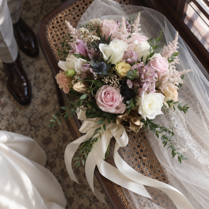 Blush Rose & Blue Thistle Bridal Bouquet