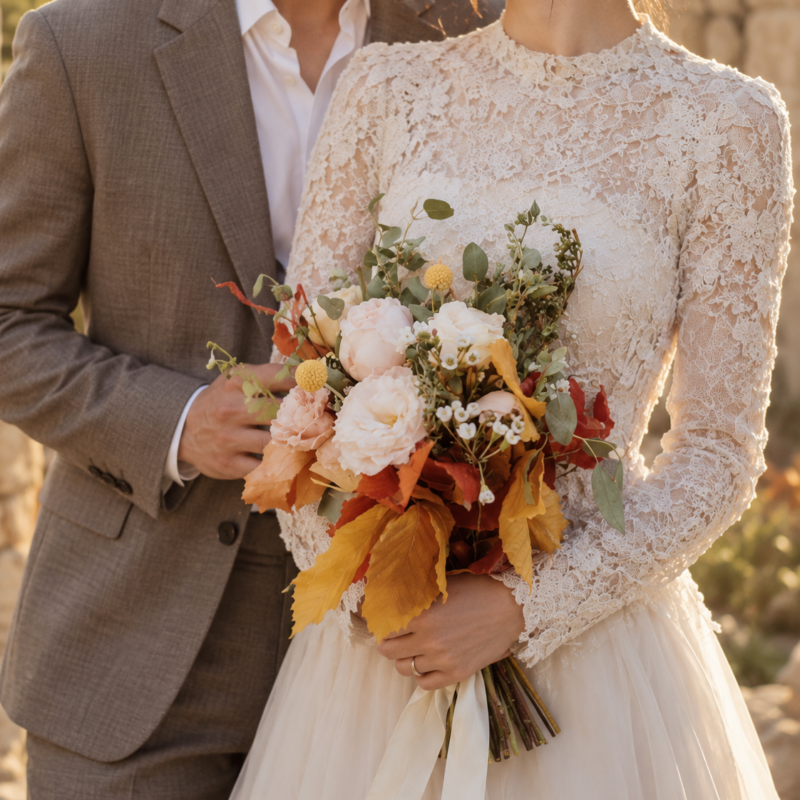 Cream Rose & Autumn Foliage Bridal Bouquet