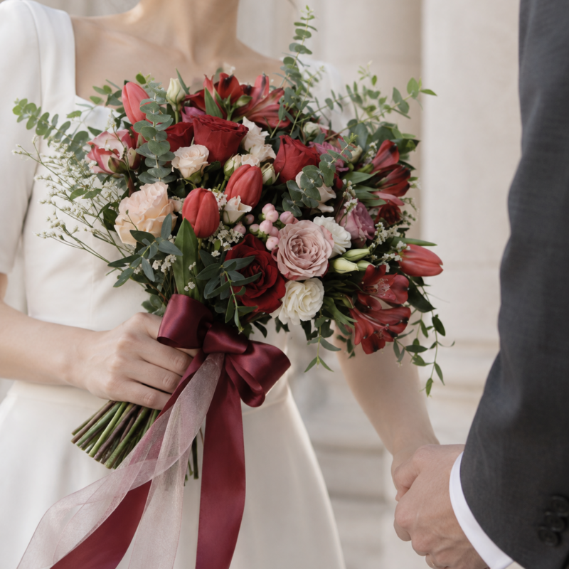 Red Tulip & Blush Rose Bridal Bouquet