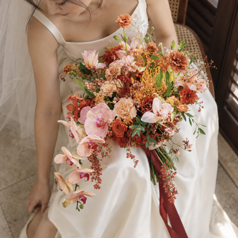 Cascading Peach Orchid & Terracotta Bridal Bouquet