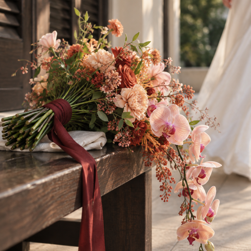 Cascading Peach Orchid & Terracotta Bridal Bouquet