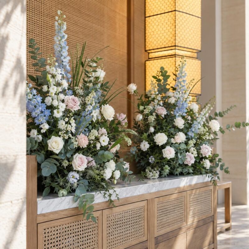 Blue Delphinium & White Rose Ceremony Table Arrangement