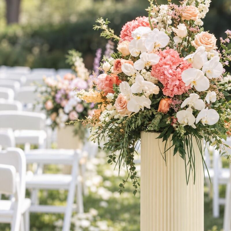 Peach Hydrangea & White Orchid Pedestal Arrangement