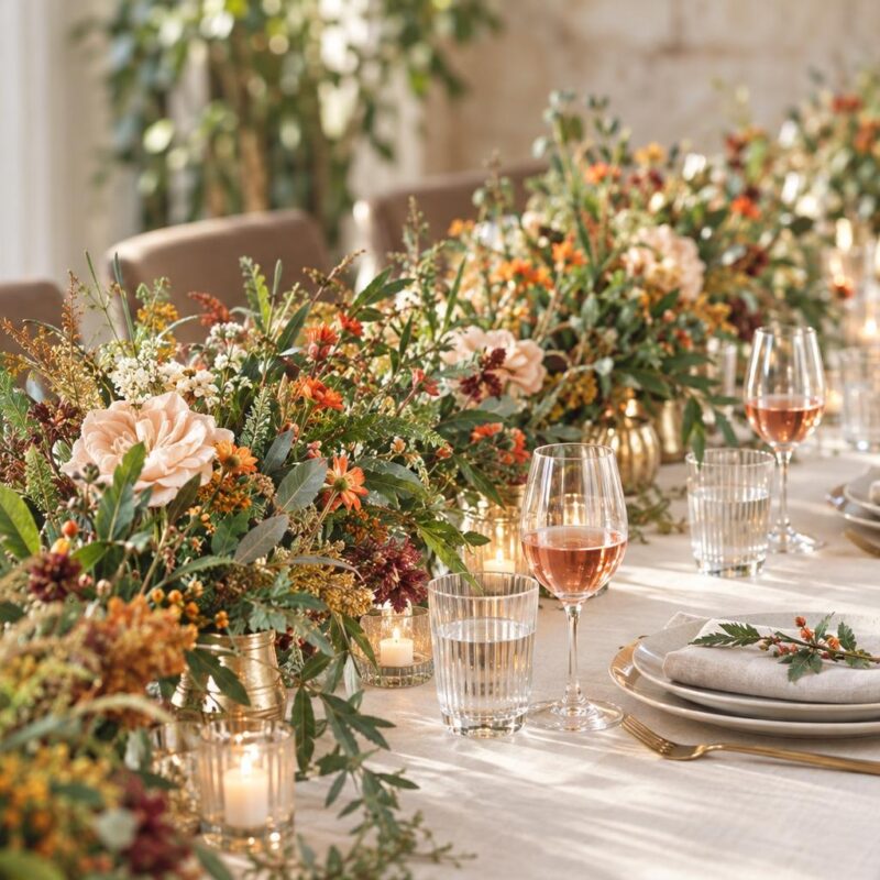 Blush Garden Rose & Orange Wildflower Table Centrepiece