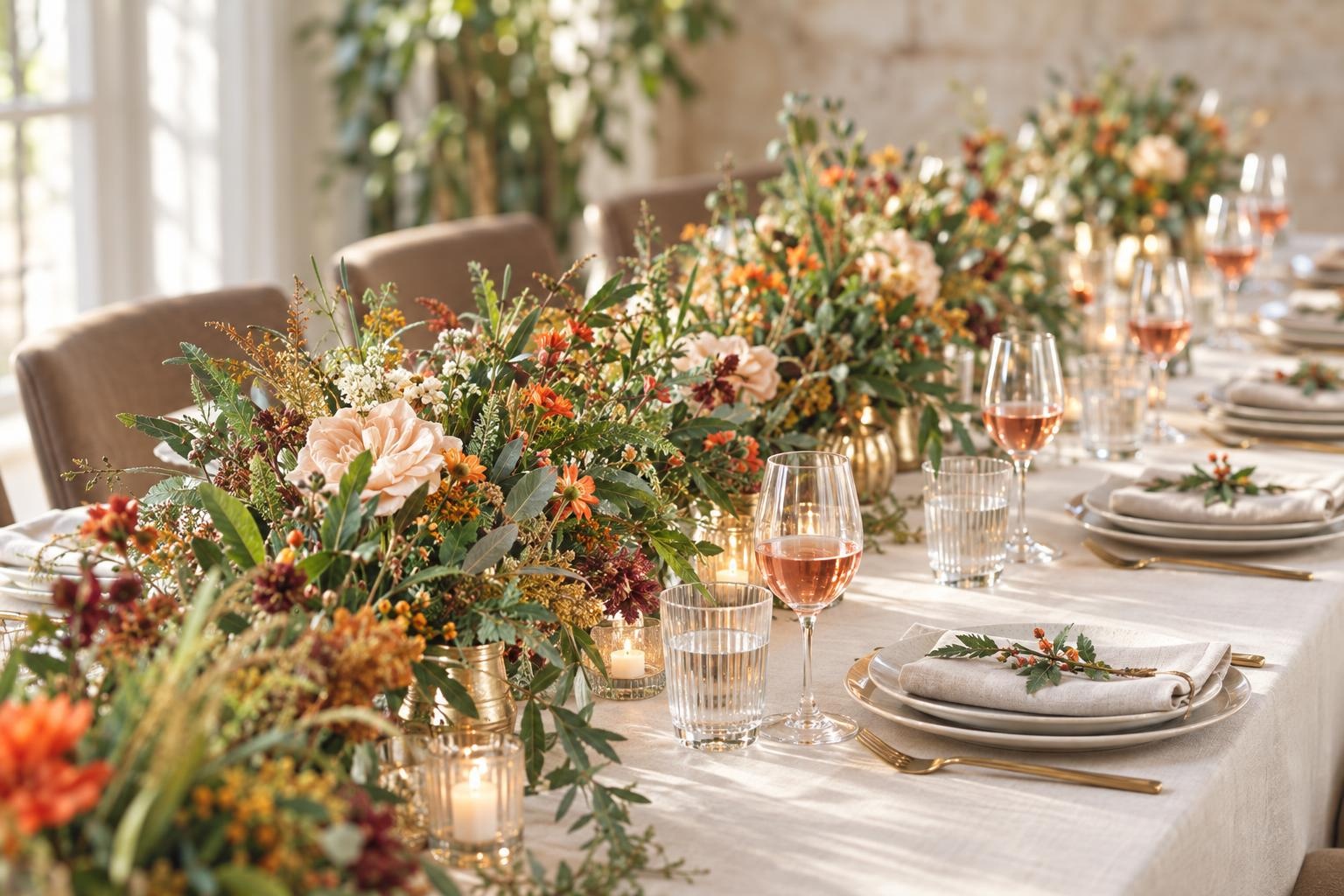 Blush Garden Rose & Orange Wildflower Table Centrepiece