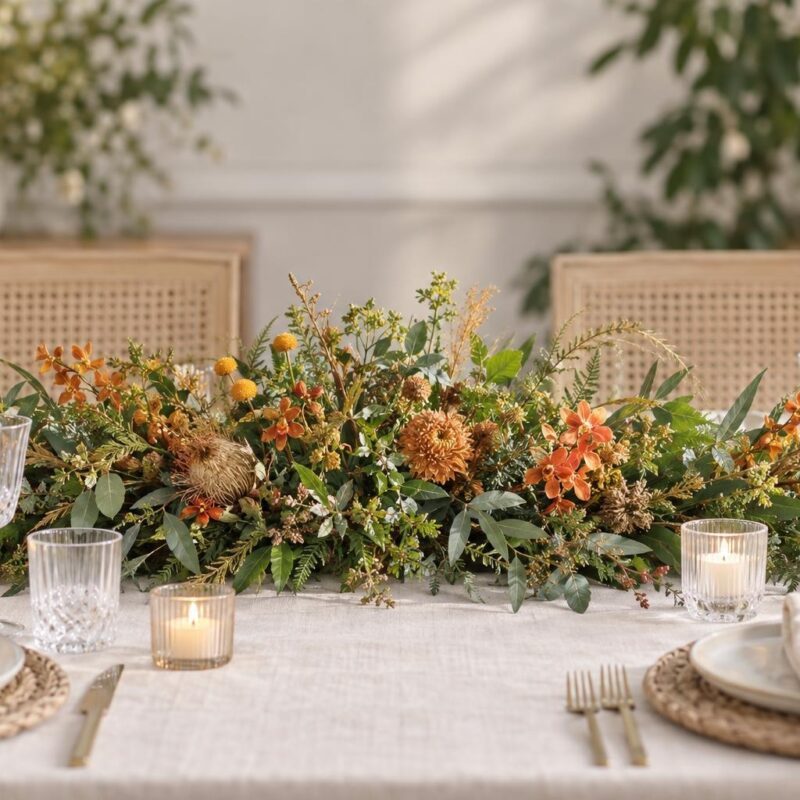 Orange Cymbidium & Pincushion Table Centrepiece