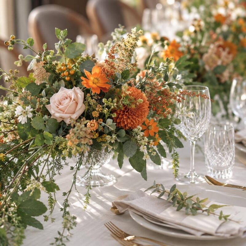 Orange Dahlia & Blush Rose Compote Centrepiece