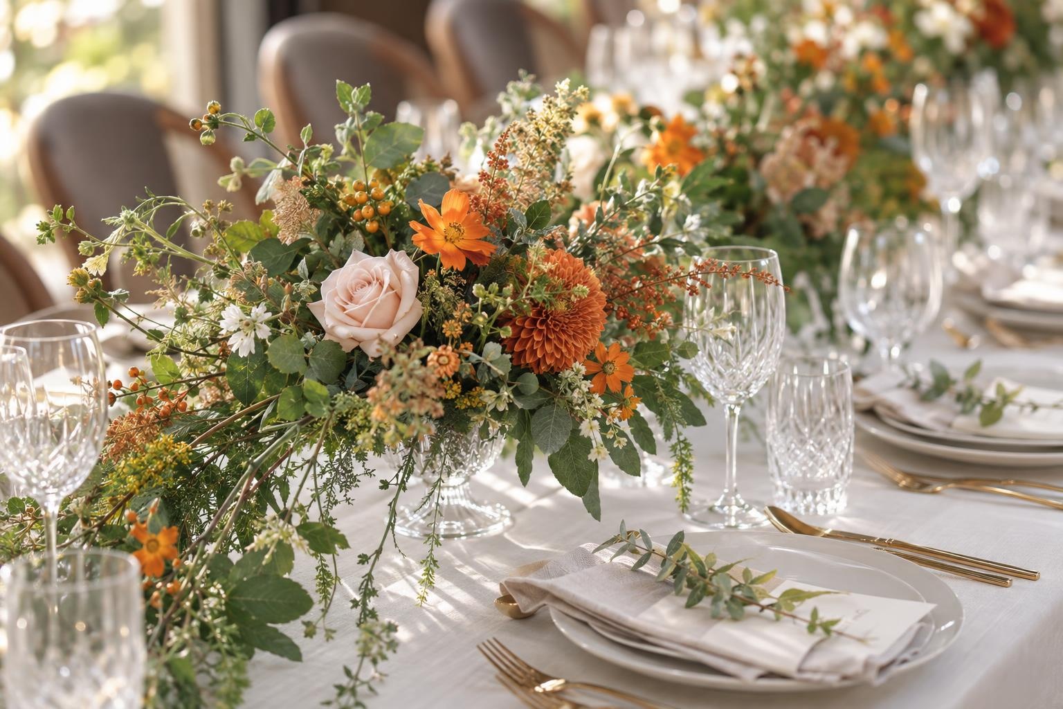 Orange Dahlia & Blush Rose Compote Centrepiece