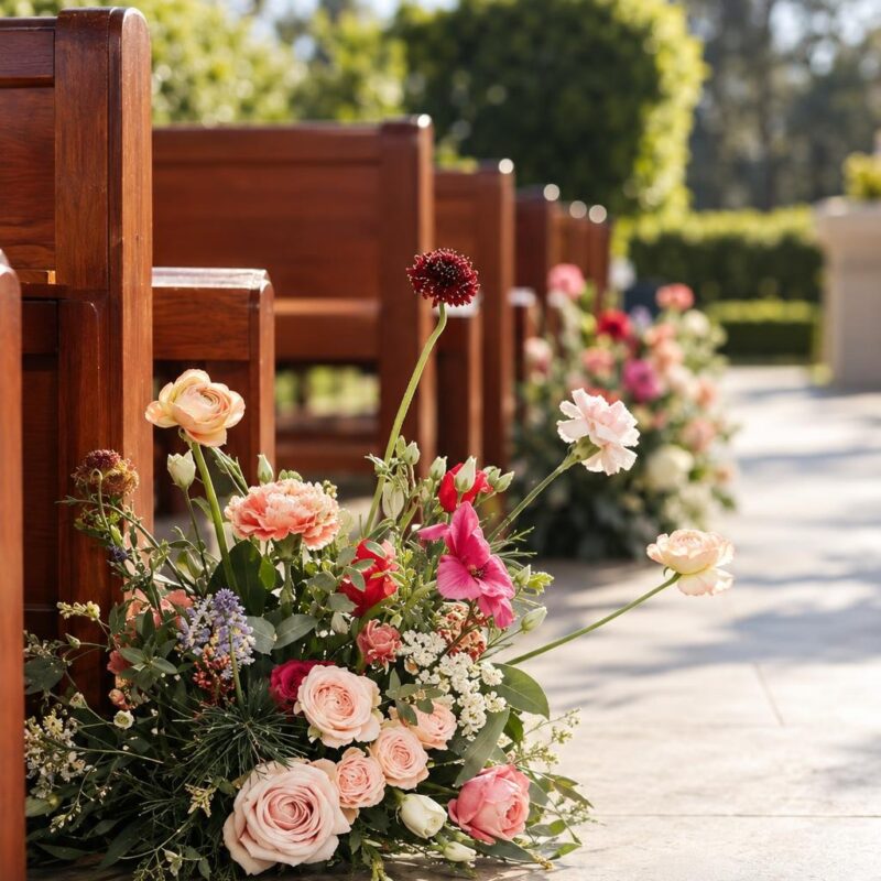 Pink Ranunculus & Blush Rose Aisle Floor Arrangement
