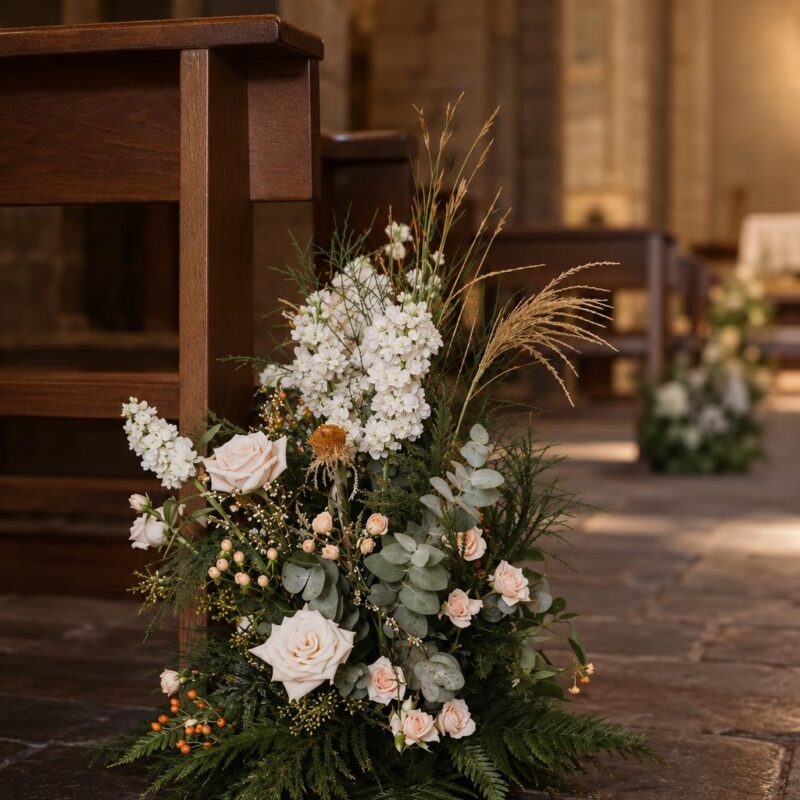 White Stock & Blush Rose Church Floor Arrangement