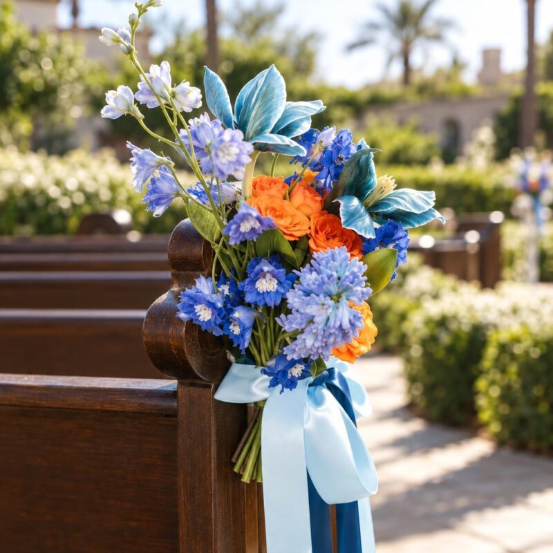Blue Lily & Orange Rose Church Pew Flowers
