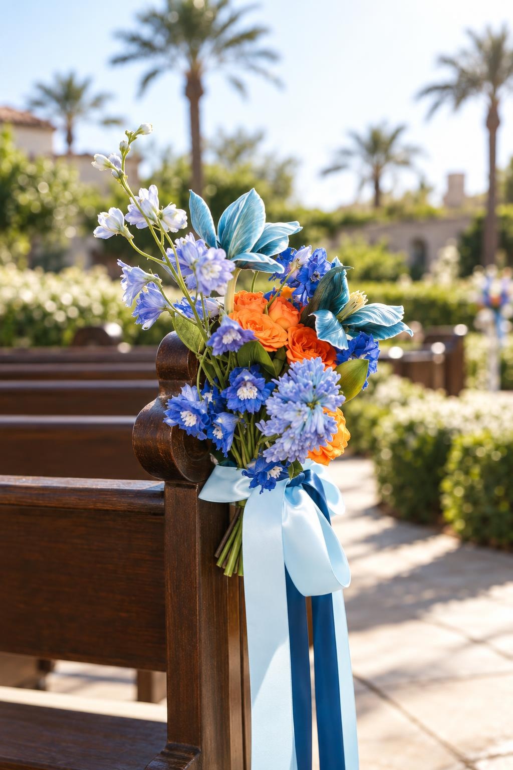 Blue Lily & Orange Rose Church Pew Flowers
