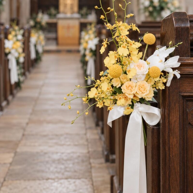 Yellow Rose & White Orchid Church Pew Flowers