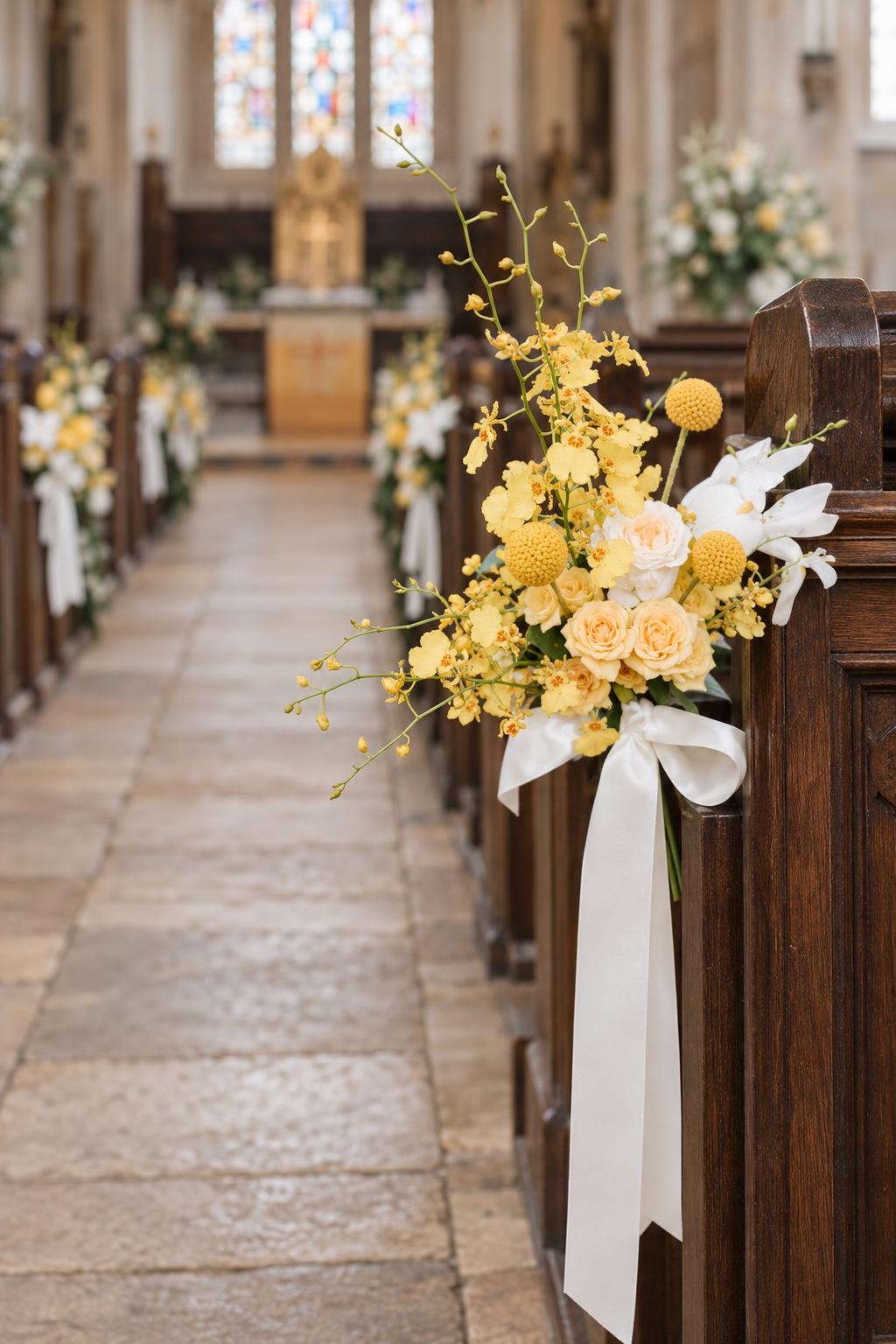Yellow Rose & White Orchid Church Pew Flowers