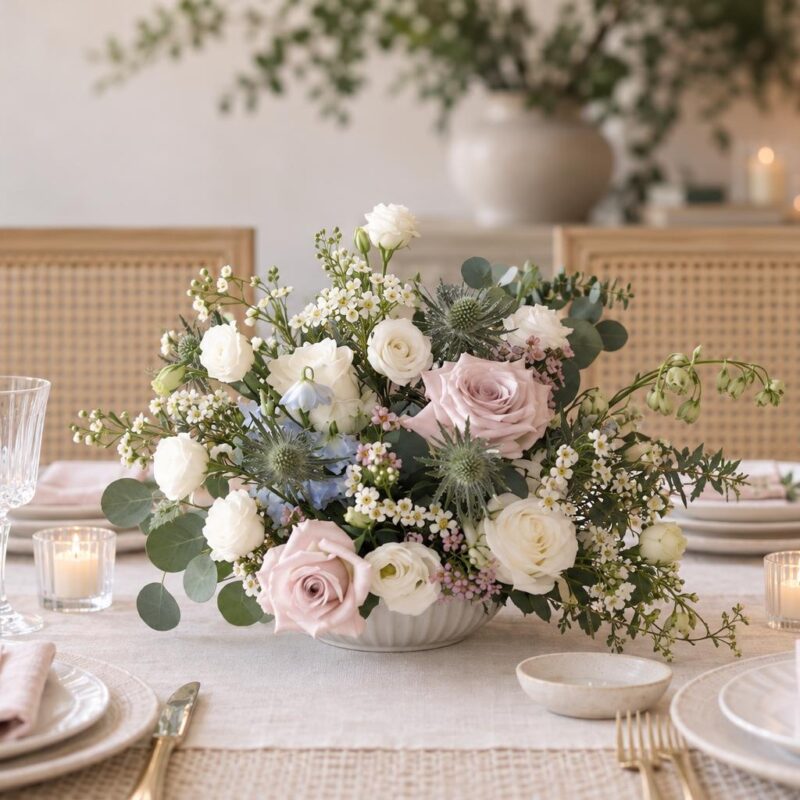 Blush Rose &amp; White Ranunculus Table Centrepiece