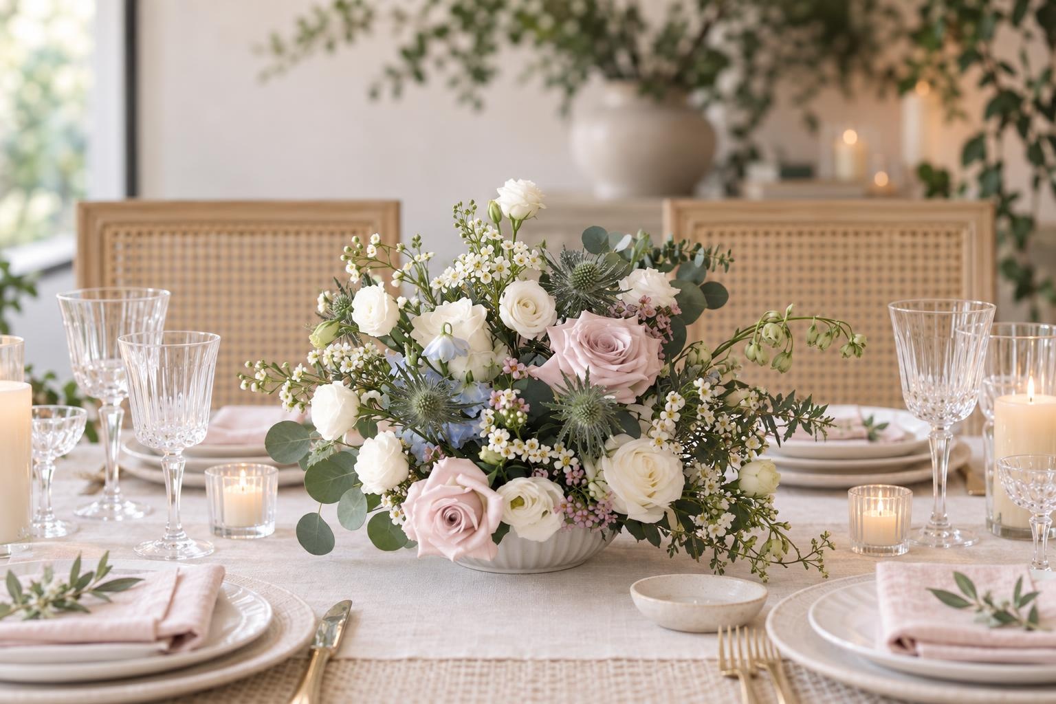 Blush Rose & White Ranunculus Table Centrepiece