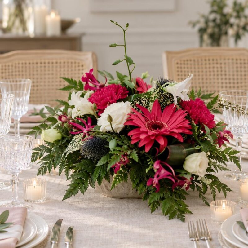 Pink Gerbera & White Eustoma Table Centrepiece