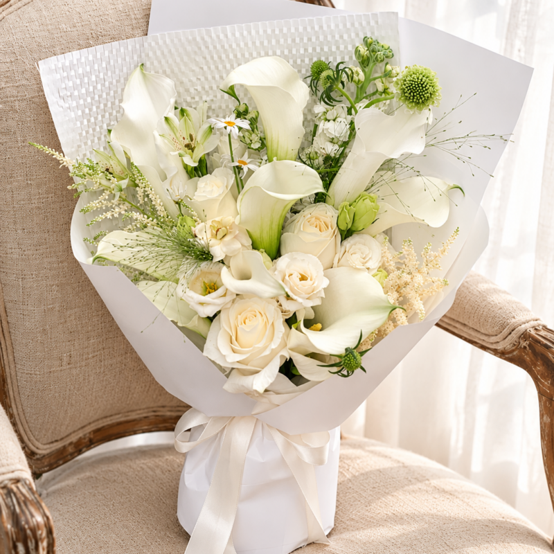 Artisan 10 Calla Lilies bouquet with white blooms and fresh green accents, wrapped in white paper with ivory ribbon, on an antique chair