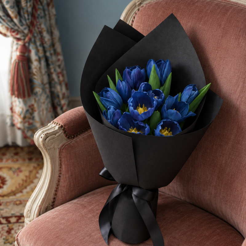 12 blue tulips in black wrapping with a matching black ribbon, on a pink chair