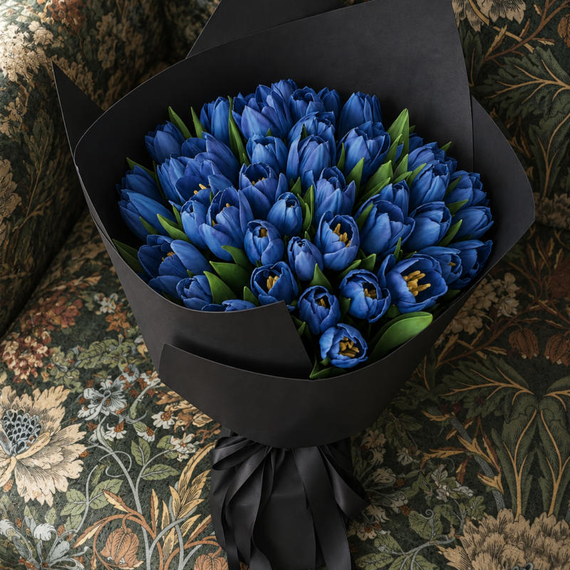 48 blue tulips in black wrapping with a matching black ribbon, on a floral chair